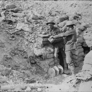 Canadian pigeon carriers watering birds in a captured captured German trench on Hill 70
