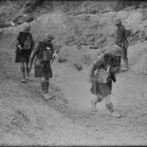 Wounded Canadian Kilties coming in during the attack on Hill 70